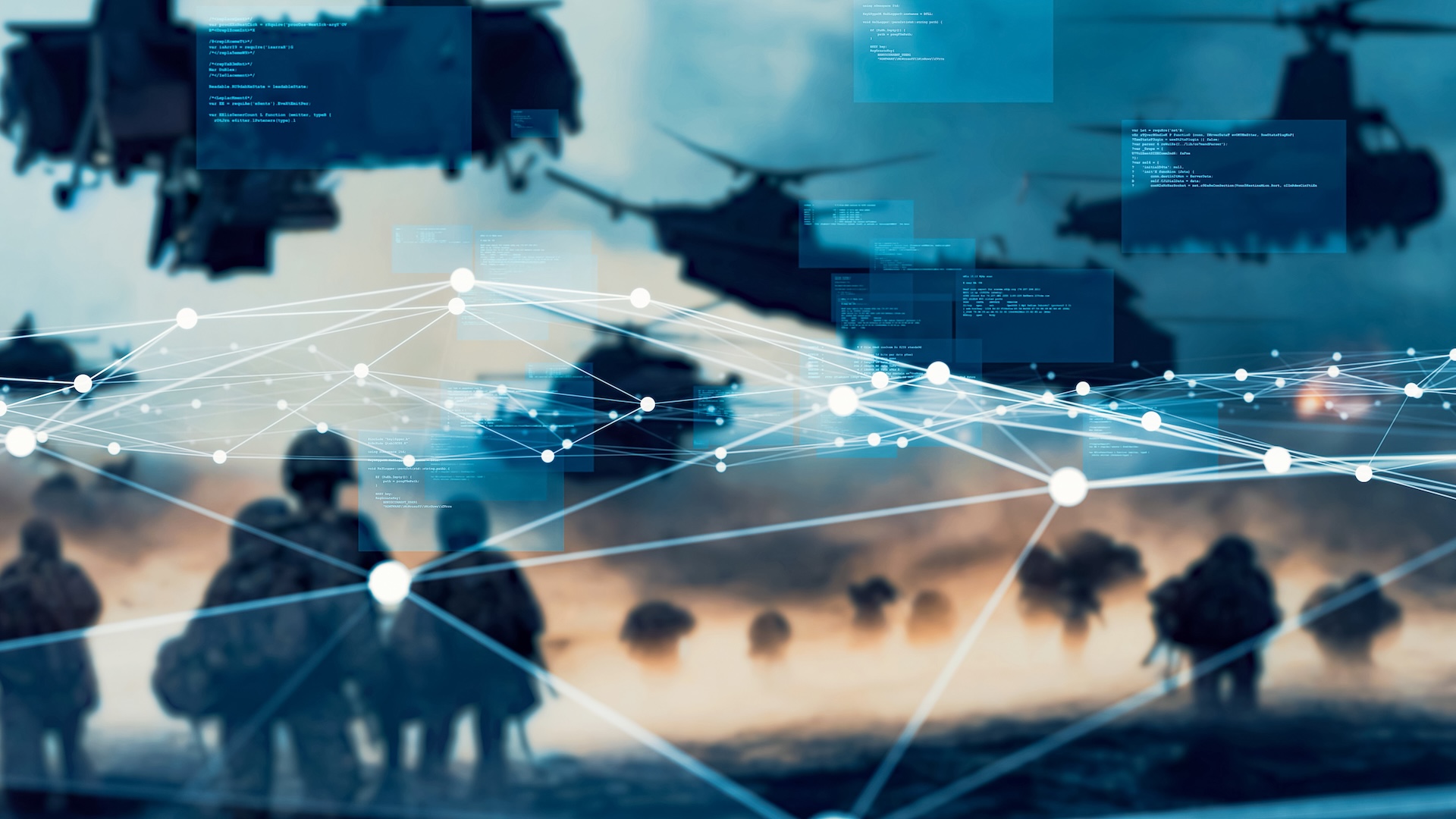 Blurred silhouettes of soldiers walk through a foggy landscape with helicopters in the background. Digital network lines and data screens overlay the scene, hinting at how Supply Chain Task Force innovations are reshaping the connection between technology and military operations.