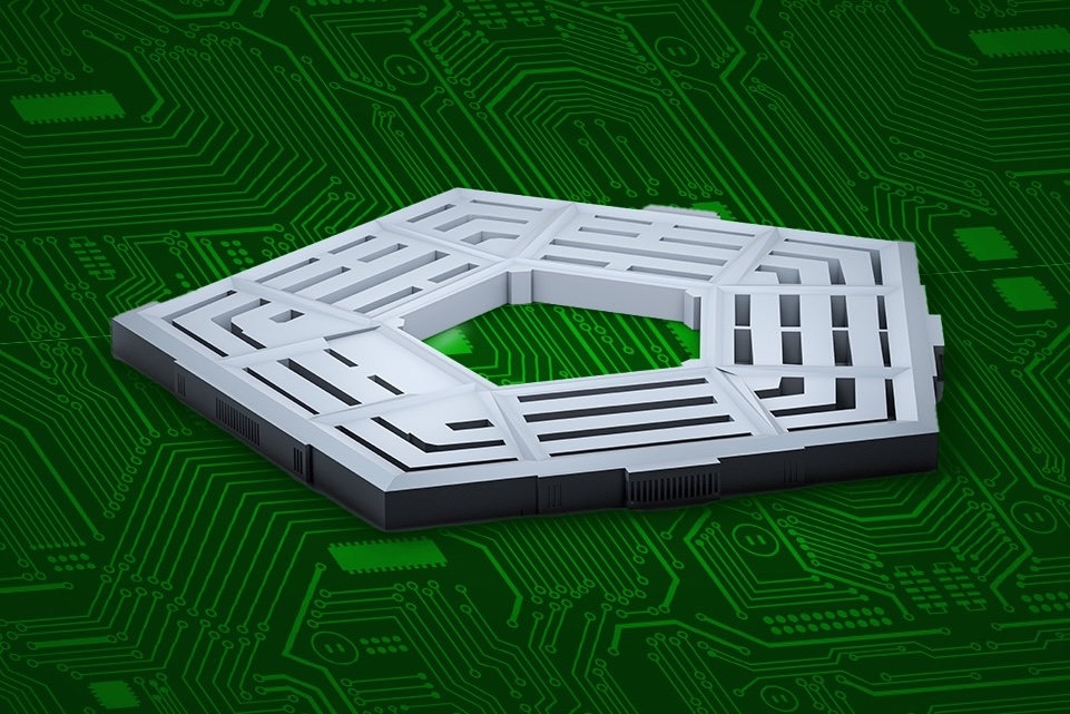 A 3D model of a white pentagon with geometric patterns sits on a green printed circuit board background, symbolizing advancements backed by DPA Funding. The structure has an open center and appears futuristic.