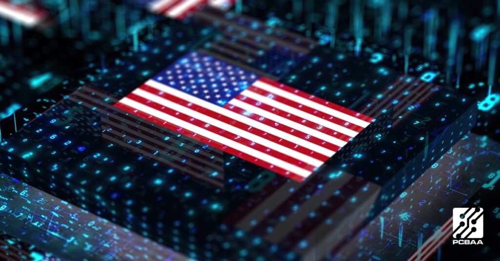 A digital illustration of the United States flag composed of colorful pixels. The flag is set against a background filled with numerical data and binary code, symbolizing technology and digital information.