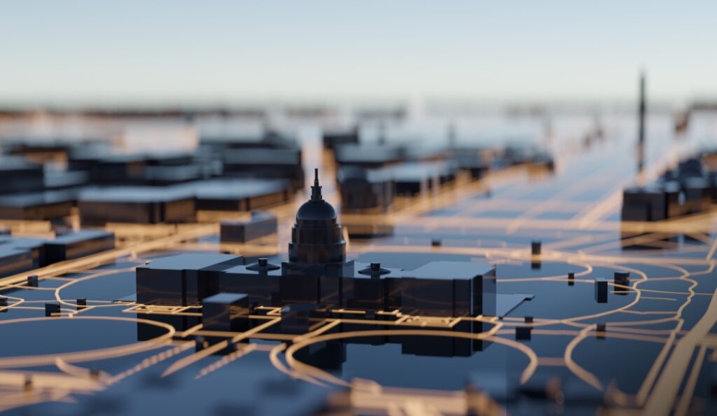 A 3D model of a cityscape featuring a prominent domed building in the center, surrounded by geometric structures and pathways. The scene is illuminated with soft lighting, creating a contrast between the dark buildings and illuminated paths.