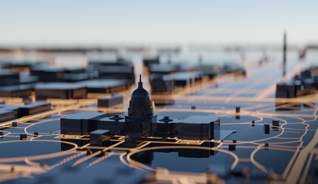 A 3D model of a cityscape featuring a prominent domed building in the center, surrounded by geometric structures and pathways. The scene is illuminated with soft lighting, creating a contrast between the dark buildings and illuminated paths.