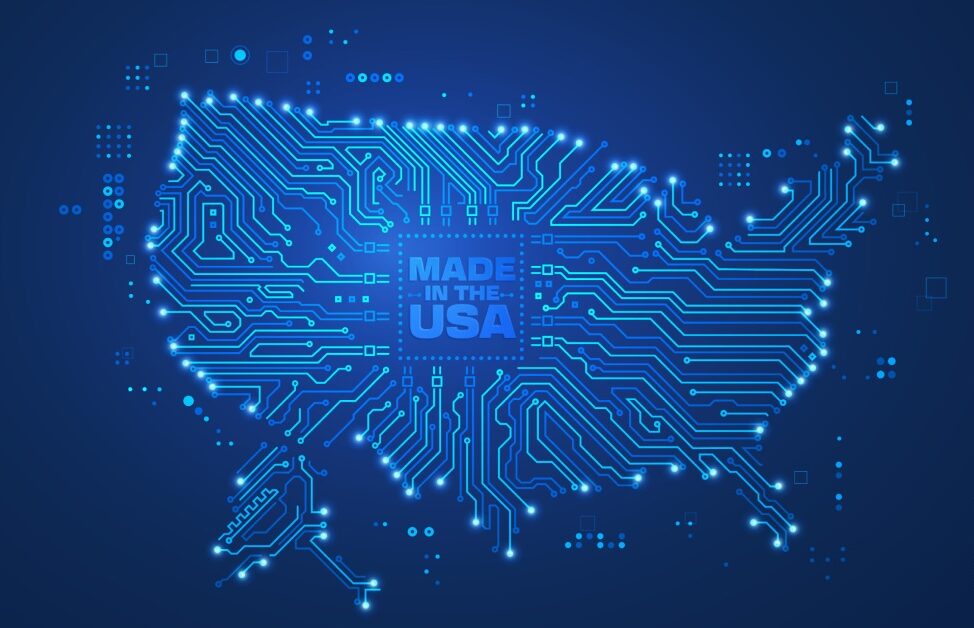 Illustration of the United States outlined in blue circuits on a dark blue background, with the words Made in the USA in the center, resembling a computer chip. Digital elements surround the map, creating a high-tech appearance.
