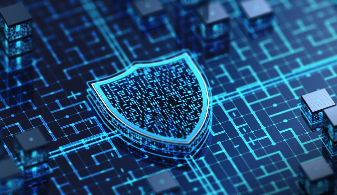 A digital shield icon is displayed over a blue circuit-like grid, symbolizing cybersecurity. The shield emits a blue glow, suggesting protection and security in a digital network environment.