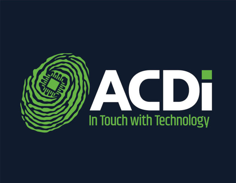 Logo featuring a green tech-inspired fingerprint design with a microchip pattern, alongside the text ACDi In Touch with Technology on a dark background.