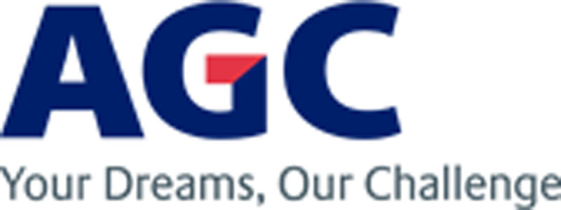 The logo of AGC prominently displays large blue letters AGC with a small red square embedded in the G. Below, in gray text, reads the tagline: Your Dreams, Our Challenge. As a leader in multi-material innovation across America, AGC embodies creativity and excellence.