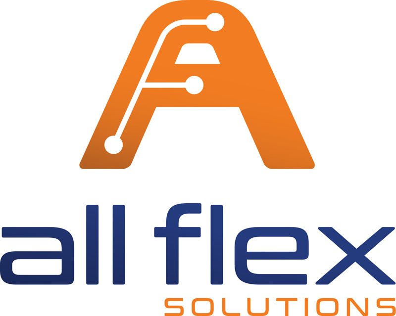 Logo of All Flex Solutions, Inc. featuring a stylized orange letter A with circuit lines, above the words all flex in blue and FLEX SOLUTIONS in orange.