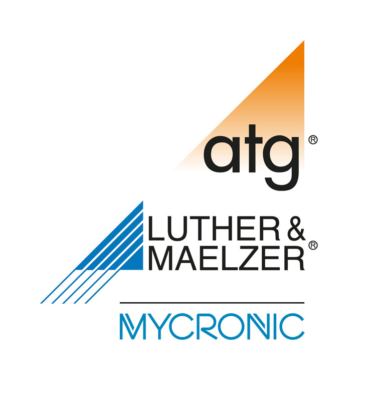 Logo featuring ATG Luther Maelzer with an orange gradient triangle above Luther & Maelzer GmbH in black text, and Mycronic in blue text below, with blue diagonal lines extending from the left of “Luther & Maelzer.”.