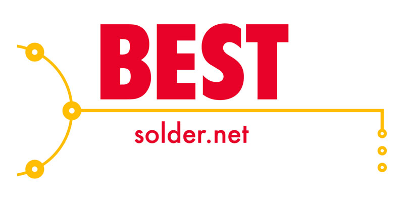 Logo for BEST Inc. with BEST in bold red capital letters. Below, solder.net is written in smaller red text. A yellow circuit line with nodes extends from the letter B.