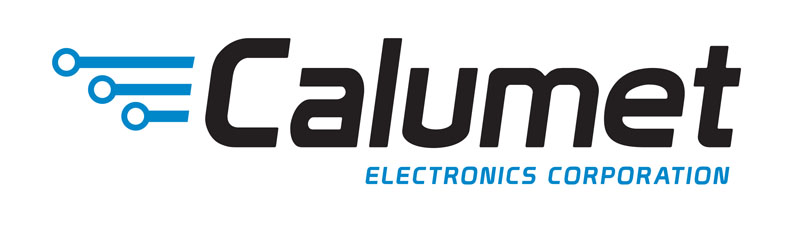 Logo of Calumet Electronics. The design features the word Calumet in bold black letters with three blue lines and dots resembling a circuit. Beneath, in smaller blue text, are the words ELECTRONICS CORPORATION, highlighting their expertise in electronics manufacturing.