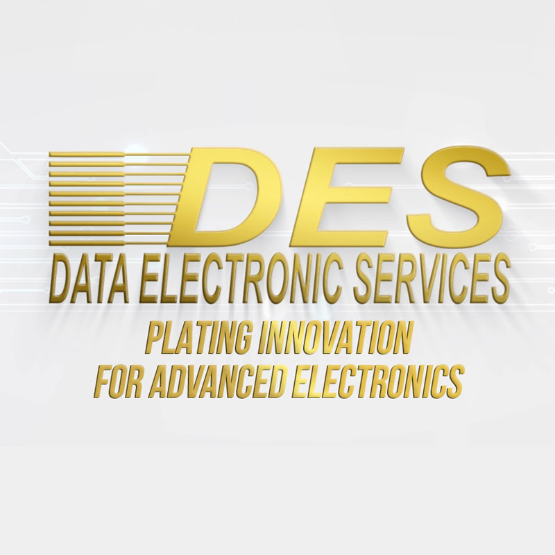 Logo for Data Electronic Services (DES) with the tagline Plating Innovation for Advanced Electronics, featuring gold lettering on a light gray background, seamlessly blending modern electronics themes with exceptional service quality.