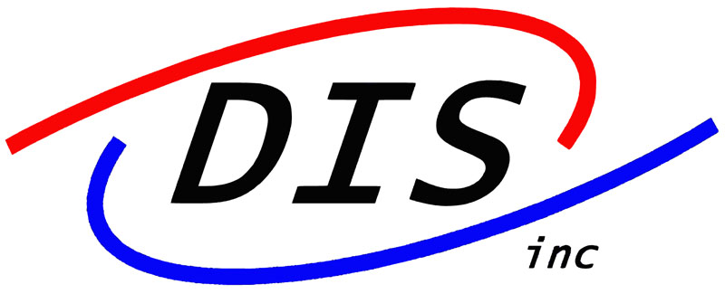 Logo with DIS inc in black. A red swoosh curves above the text, and a blue swoosh curves below it.