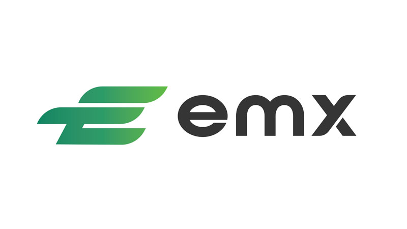 Logo featuring a stylized green abstract design to the left, resembling a bird in flight or a wing, next to the letters emx in a modern, bold black font on a white background.