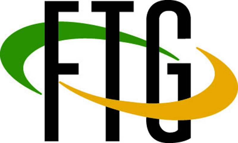 Text logo displaying the letters FTG in bold, black font. A green swoosh curves around the F and an orange swoosh curves around the G, symbolizing Firan Technology Group. The background is white.