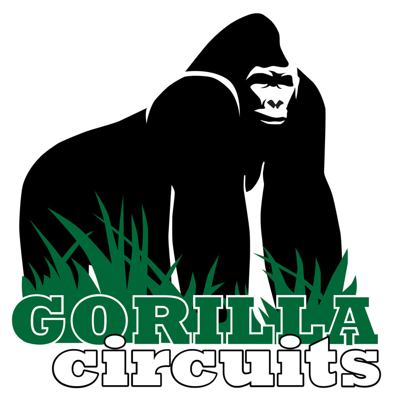 Illustration of a black gorilla standing amidst green grass with the words GORILLA circuits written below in bold, green and white fonts.