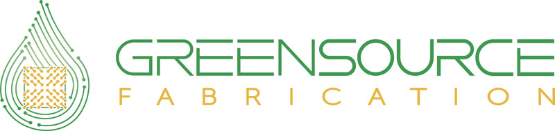 The logo of GreenSource Fabrication LLC showcases green text GREENSOURCE and orange text FABRICATION beneath. On the left, a stylized leaf with circuit-like lines and a chip design symbolizes innovation and sustainability.
