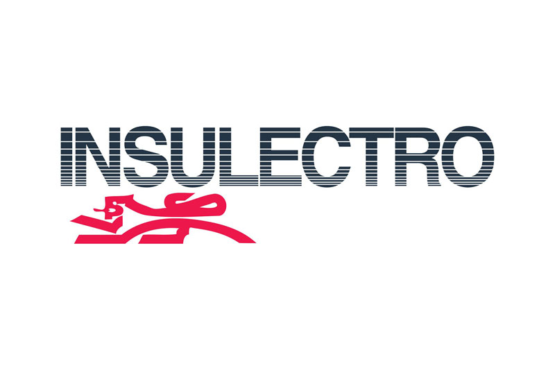 Logo featuring the word INSULECTRO in bold, dark blue capital letters with horizontal lines. Below and to the left, there is a stylized red graphic element resembling abstract shapes. The background is white.