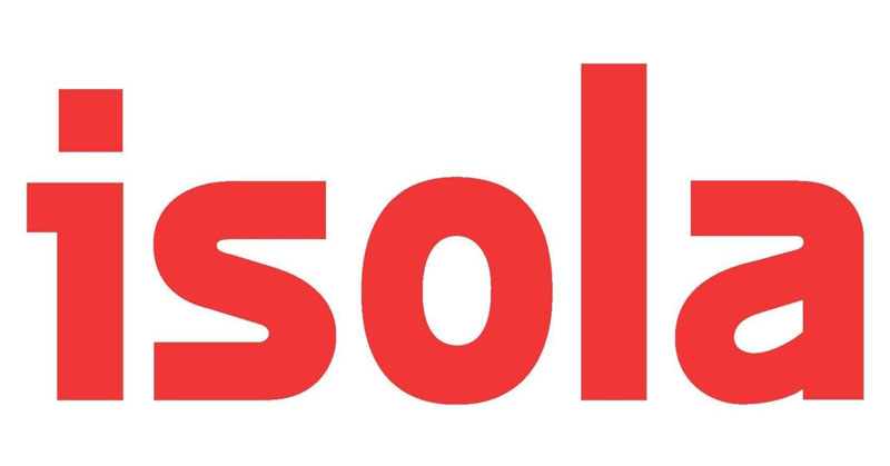 The image features the word isola in bold red lowercase letters on a clean white background, hinting at the modern aesthetic of ISOLA USA Corp.