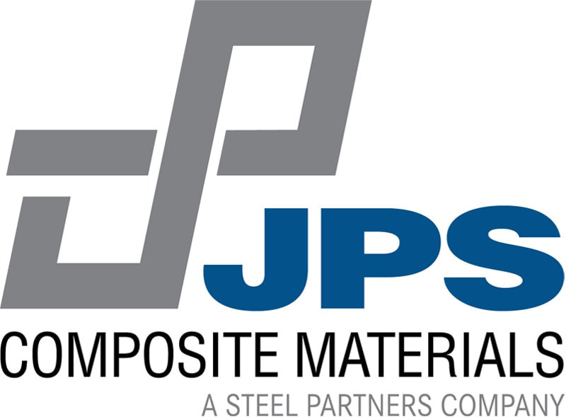 Logo of JPS Composite Materials, featuring stylized gray lines forming an abstract design above the bold, blue letters JPS. Below, in smaller black text, it reads Composite Materials. Smaller gray text at the bottom highlights A Steel Partners Company, underscoring its innovative spirit.