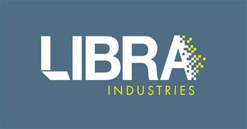 The logo for Libra Industries features a striking blue background. The word LIBRA stands out in bold white text, adorned with pixel-like details on the letter A in shades of yellow. Beneath, INDUSTRIES appears in smaller yellow text, completing the modern design for Libra Industries.