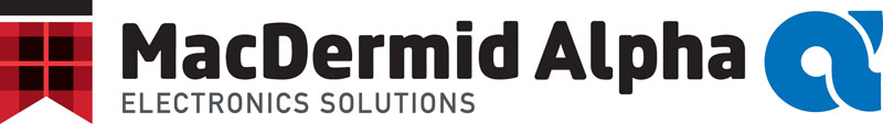 The logo of MacDermid Alpha Electronics Solutions features a bold red and black plaid shield on the left, complemented by the company name in sleek black text. To the right, a dynamic blue abstract shape completes the design.