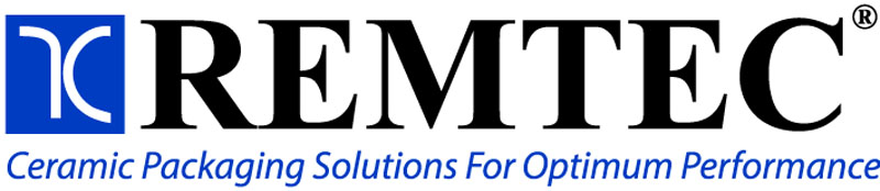 Logo with the text REMTEC in black, accompanied by a blue square with a white abstract design on the left. Below, in blue italics, it reads Ceramic Packaging Solutions For Optimum Performance.