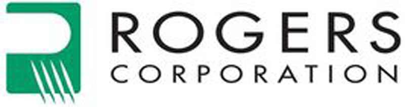 The logo of Rogers Corporation showcases a stylized green square with a white, curved path and four white lines in the bottom left corner. To the right of this graphic, the name ROGERS CORPORATION is elegantly displayed in black text.